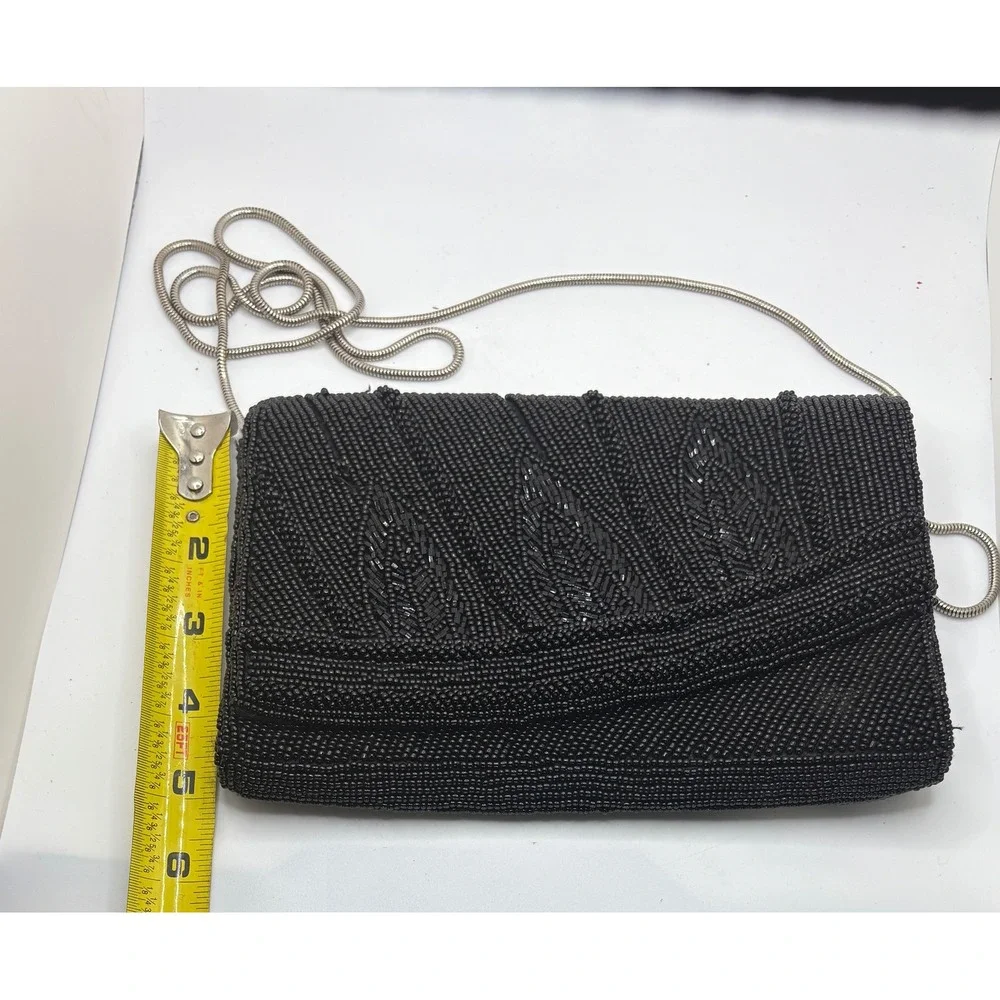 Black Beaded Clutch Evening Bag Silver Chain‎ Strap Formal Party Purse